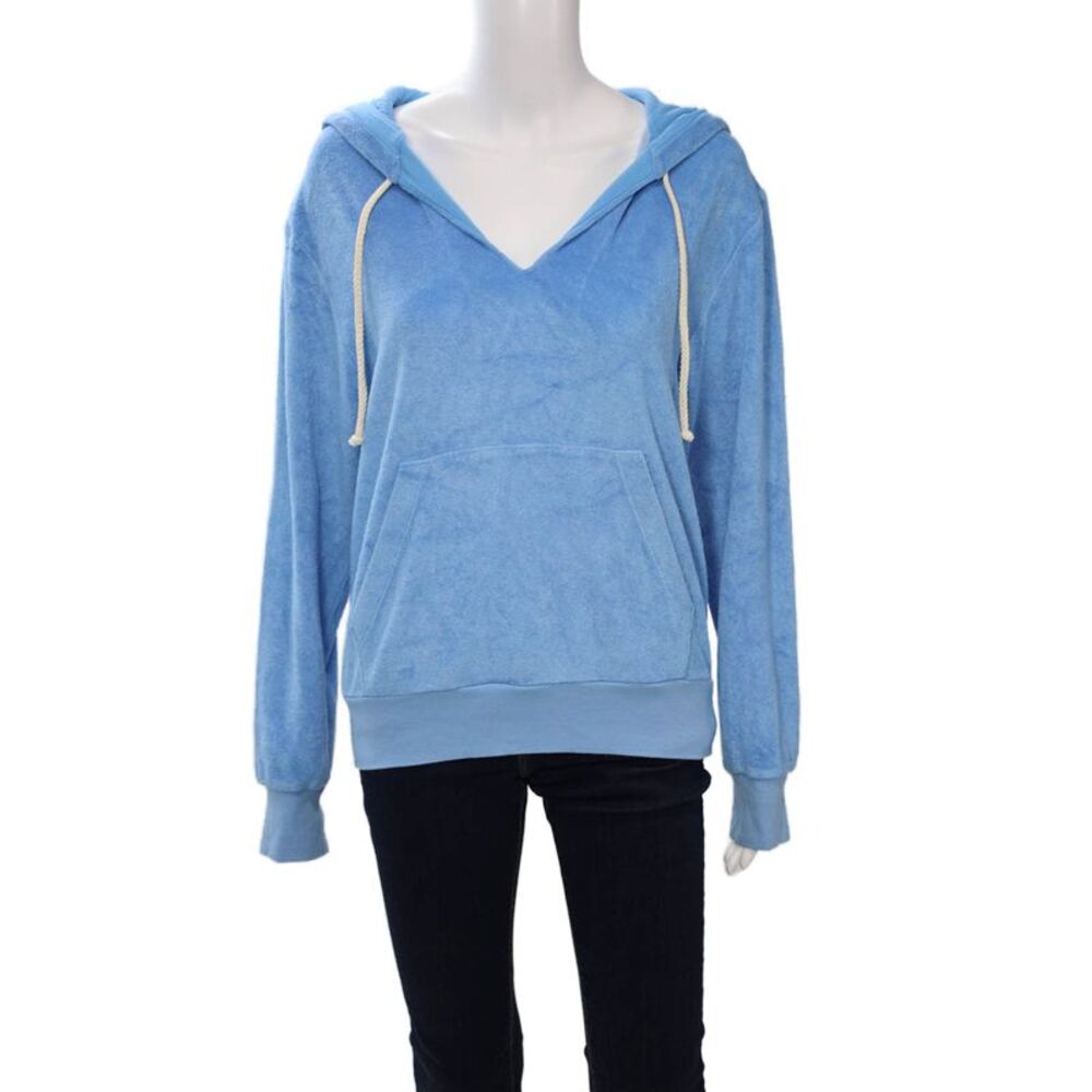 Honorine Women Pullover Hoodie Blue V-Neck Drawstring Long Sleeve Size S